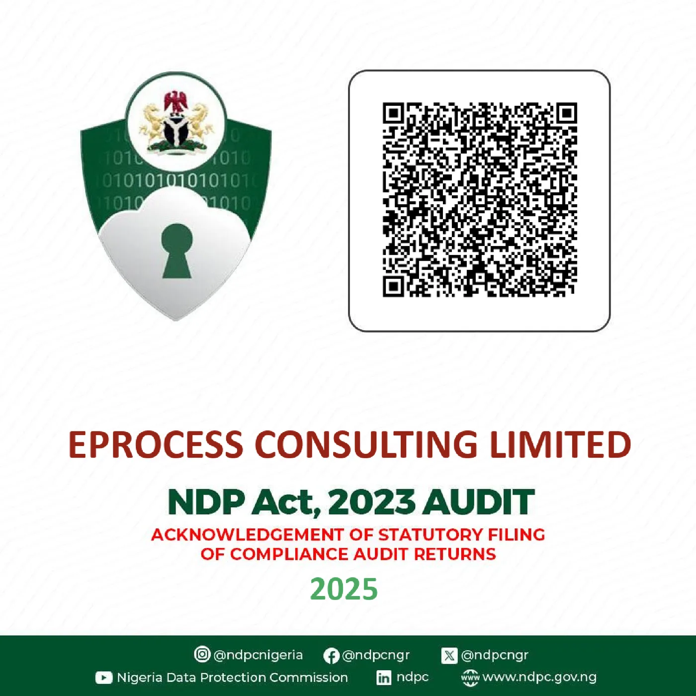 Nigeria Data Protection Commission trustmark acknowledging eProcess Consulting's statutory filing of compliance audit returns under the NDP Act 2023